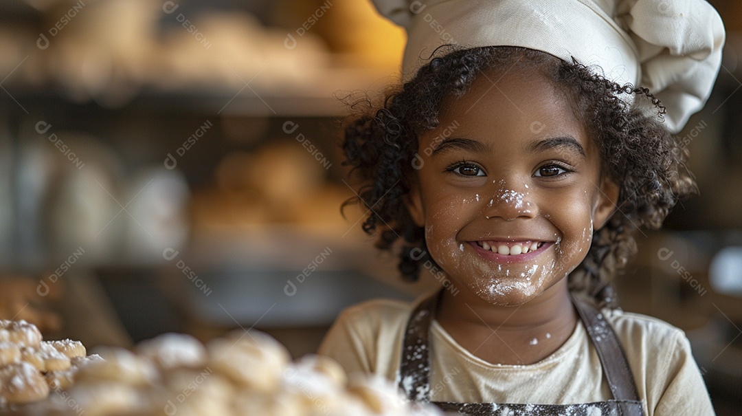 Criança feliz usando um chapéu de chef amassando massa