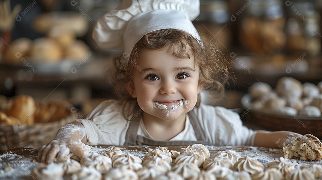 Criança feliz usando um chapéu de chef amassando massa