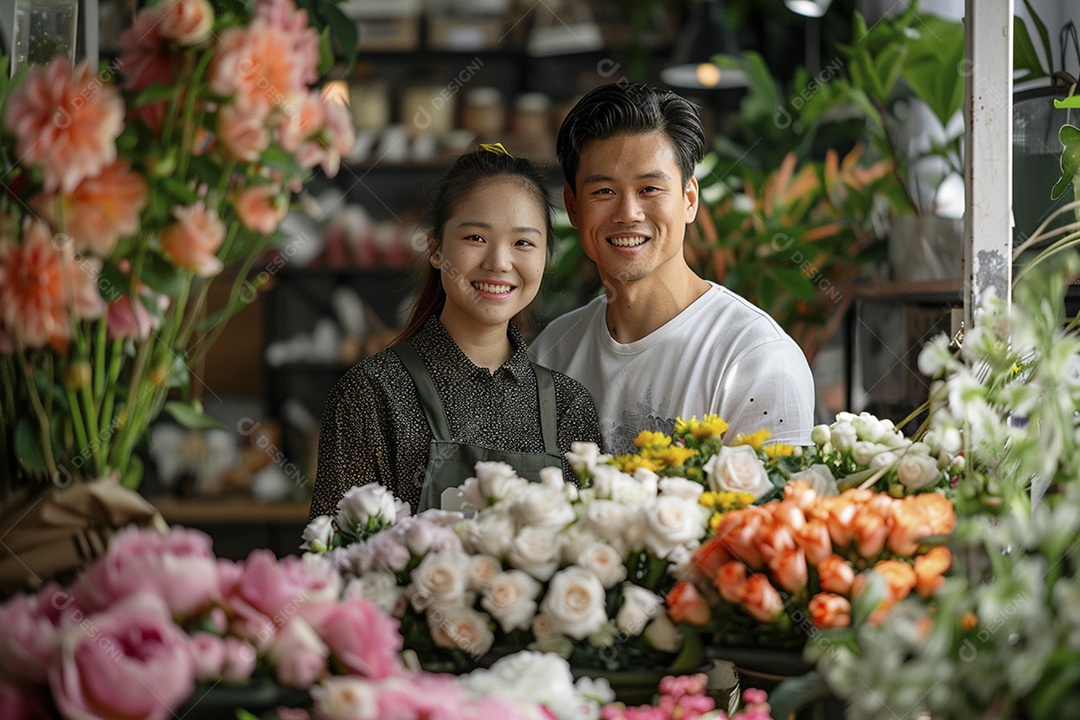 Casal feliz desfrutando de uma oficina de arranjos de flores