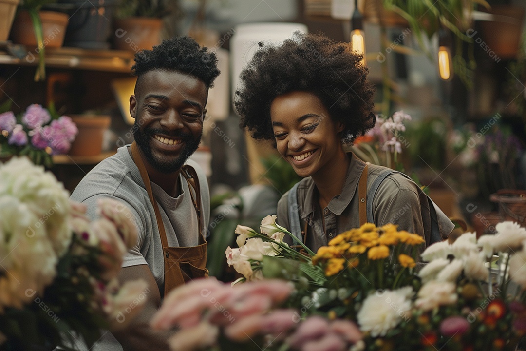 Casal feliz desfrutando de uma oficina de arranjos de flores