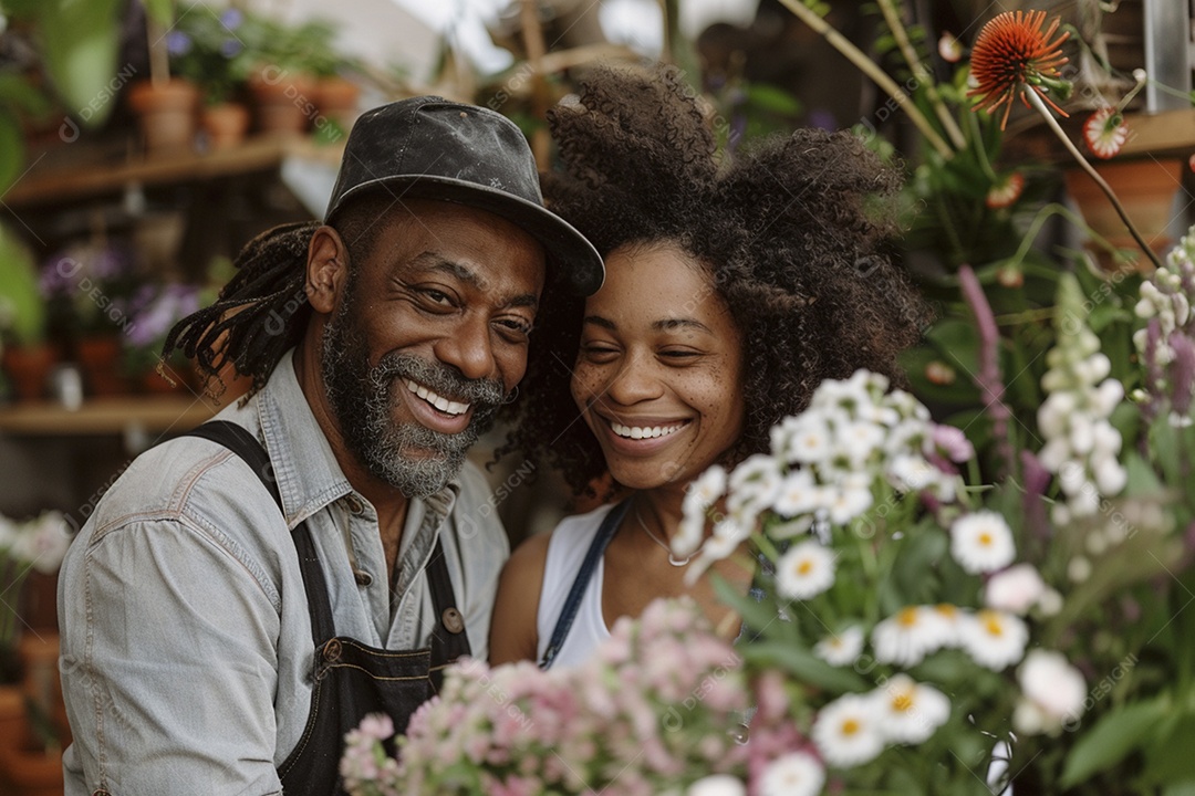 Casal feliz desfrutando de uma oficina de arranjos de flores