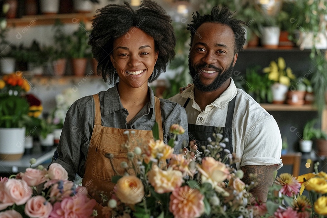 Casal feliz desfrutando de uma oficina de arranjos de flores