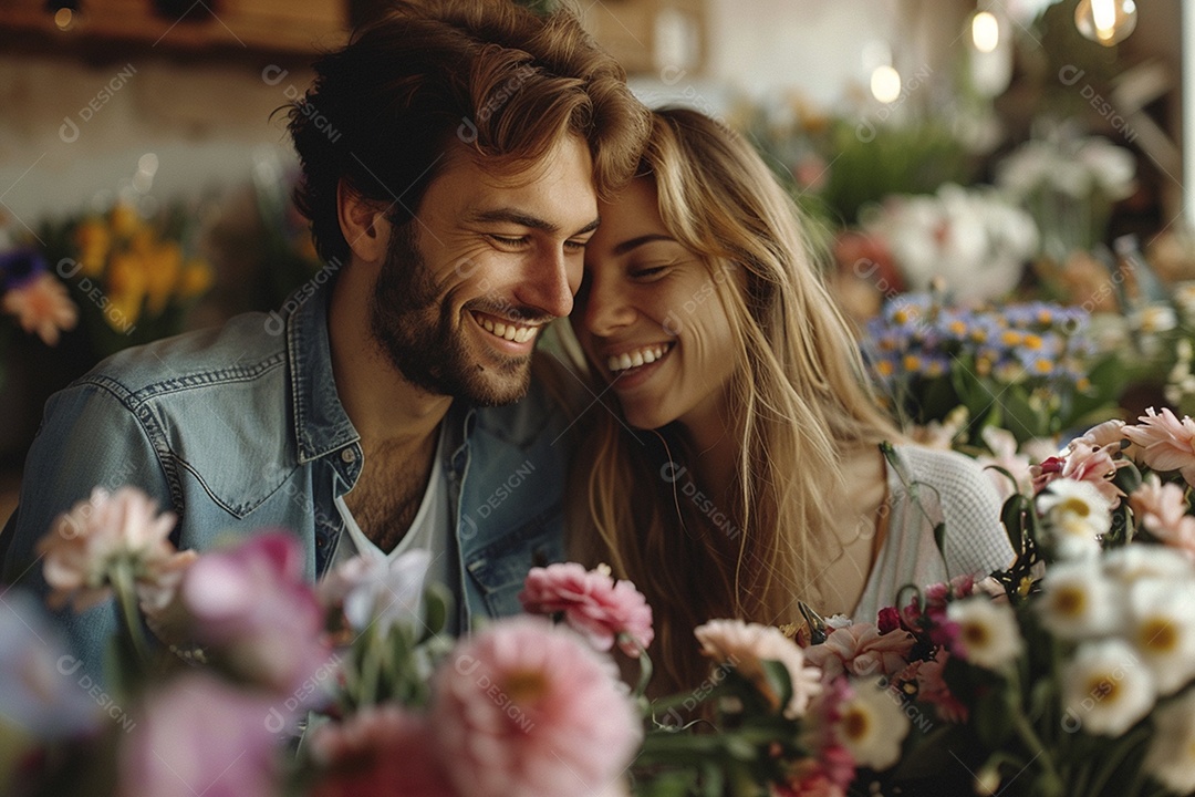 Casal feliz desfrutando de uma oficina de arranjos de flores