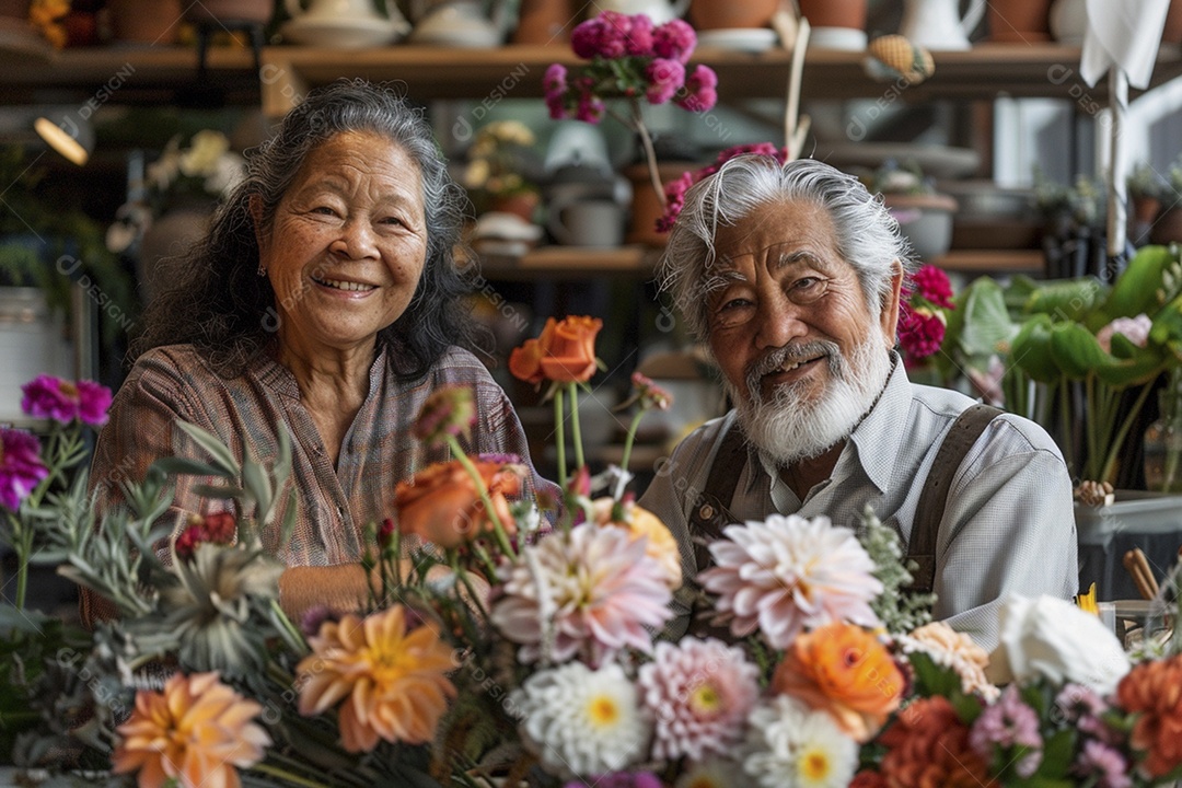 Casal feliz desfrutando de uma oficina de arranjos de flores