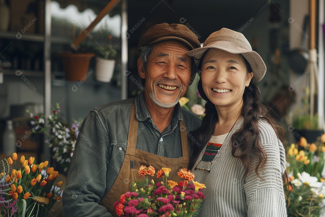 Casal feliz desfrutando de uma oficina de arranjos de flores