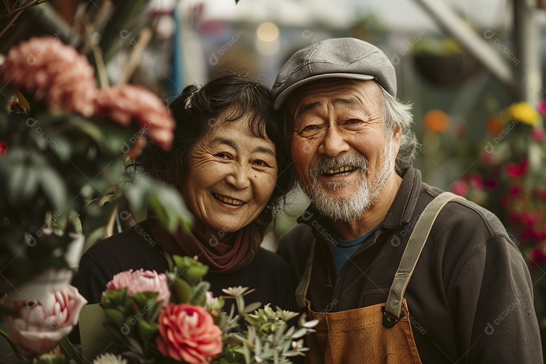 Casal feliz desfrutando de uma oficina de arranjos de flores