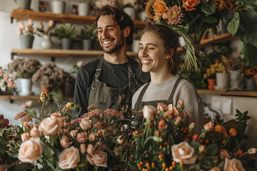 Casal feliz desfrutando de uma oficina de arranjos de flores