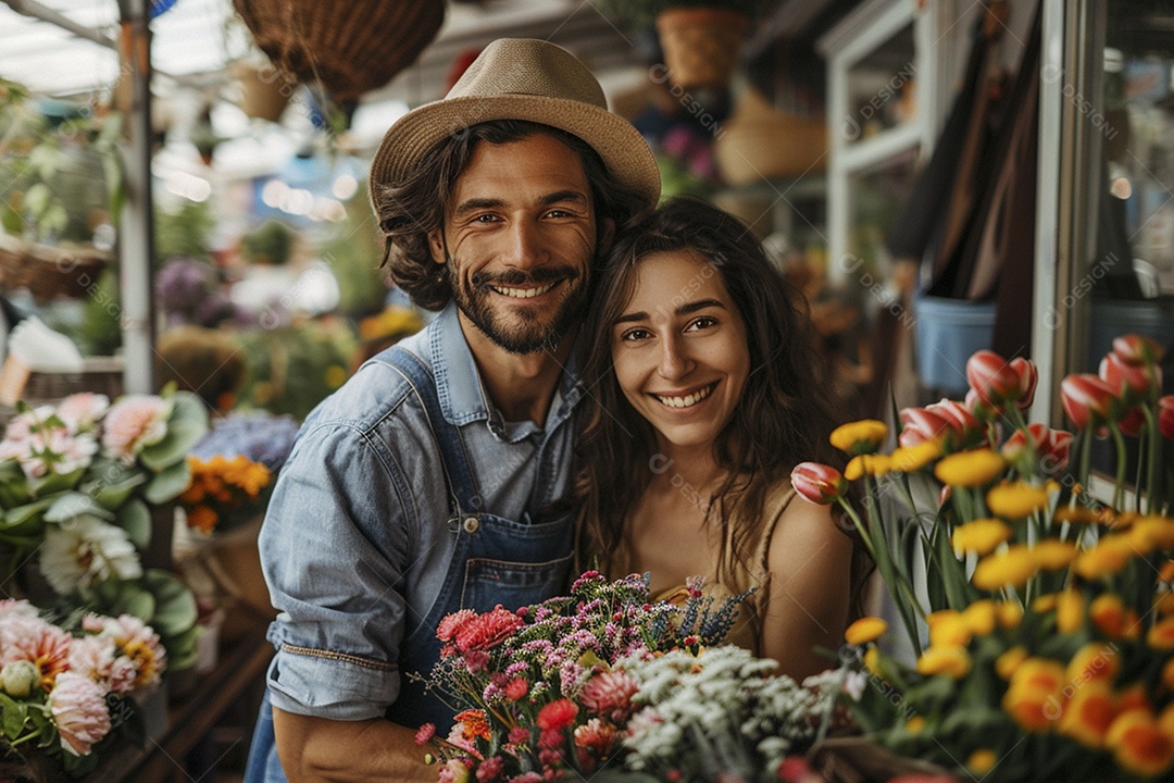 Casal feliz desfrutando de uma oficina de arranjos de flores