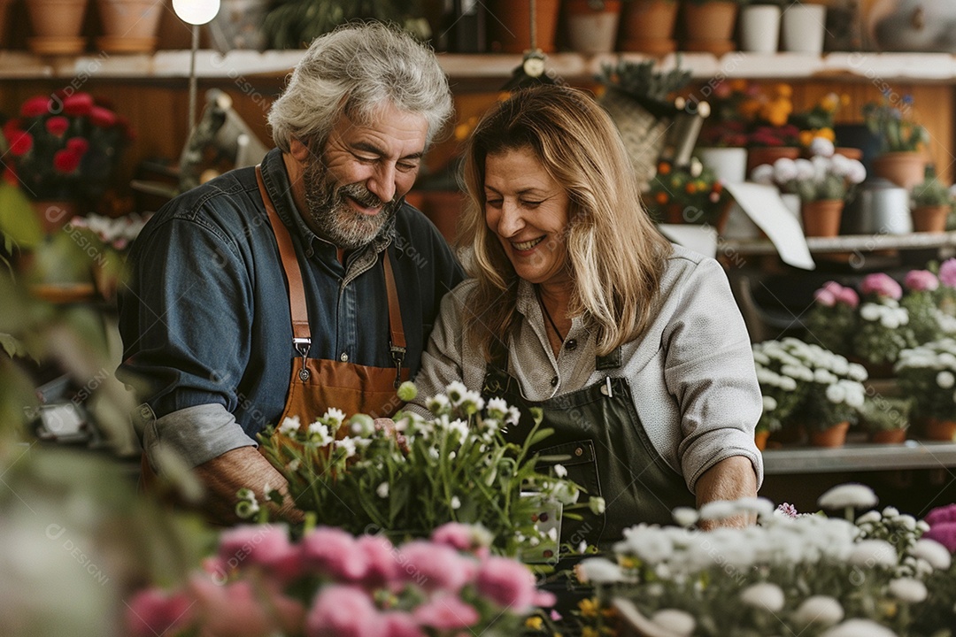 Casal feliz desfrutando de uma oficina de arranjos de flores