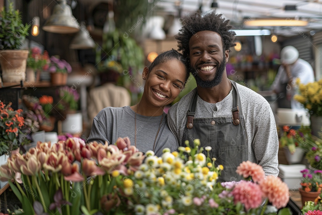 Casal feliz desfrutando de uma oficina de arranjos de flores