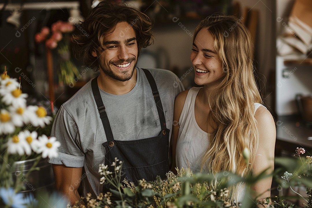 Casal feliz desfrutando de uma oficina de arranjos de flores