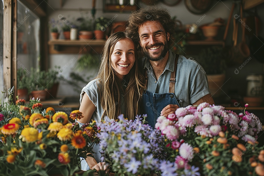 Casal feliz desfrutando de uma oficina de arranjos de flores