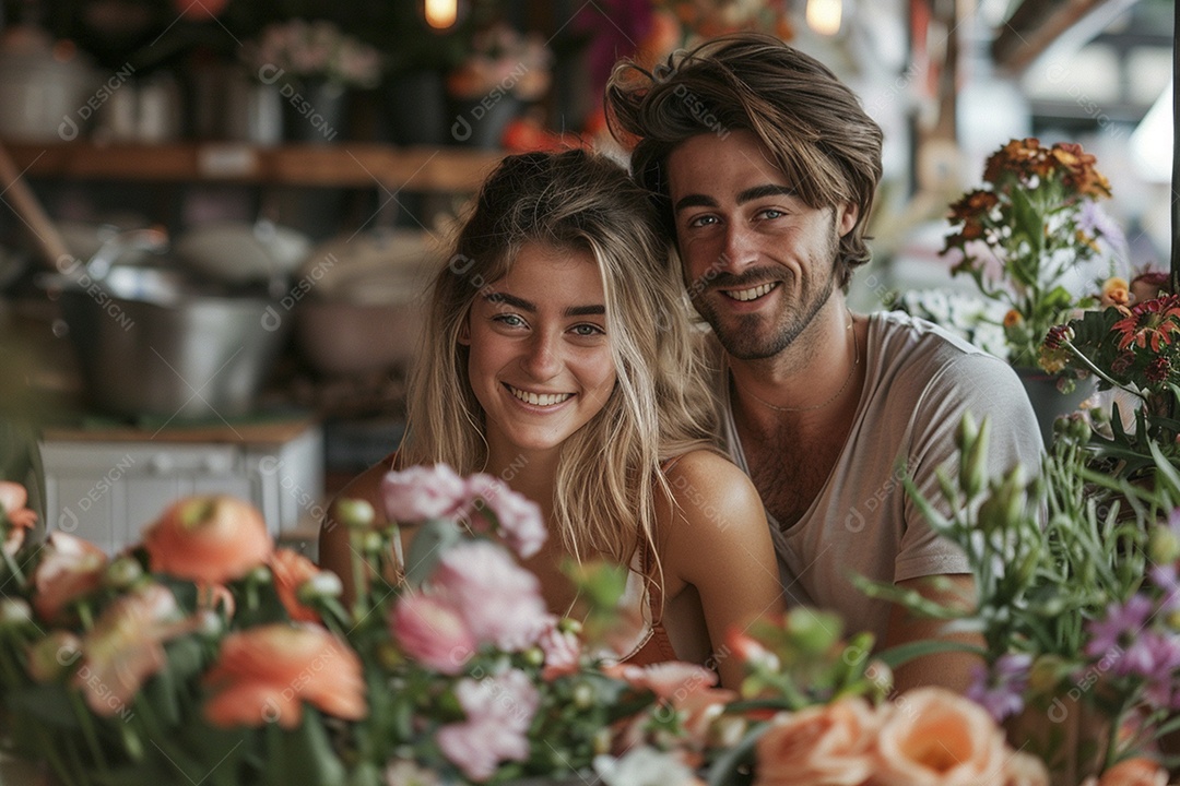 Casal feliz desfrutando de uma oficina de arranjos de flores