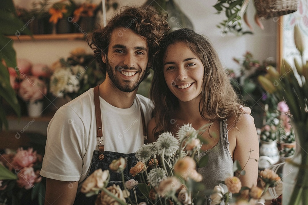 Casal feliz desfrutando de uma oficina de arranjos de flores