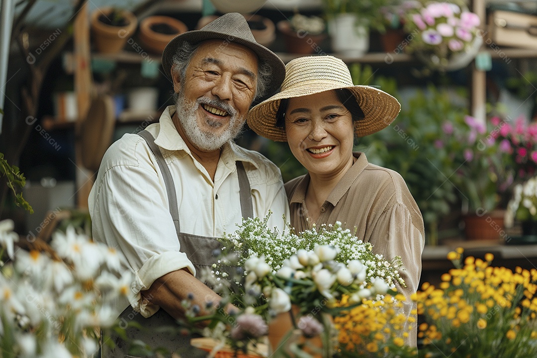 Casal feliz desfrutando de uma oficina de arranjos de flores