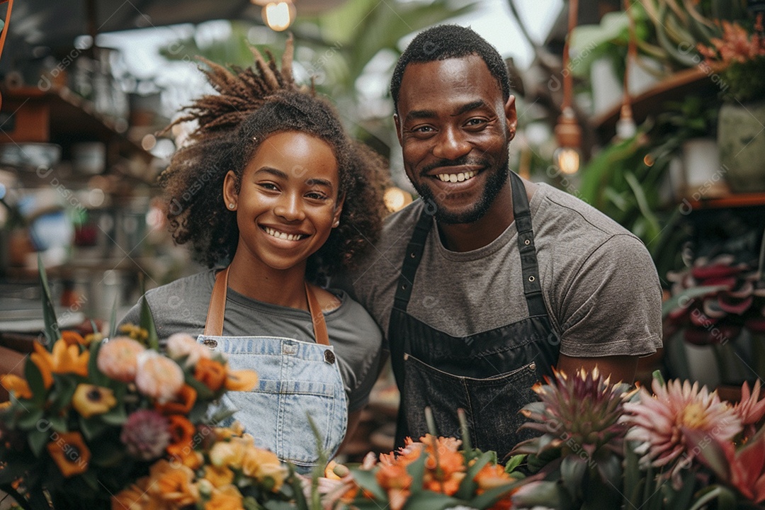 Casal feliz desfrutando de uma oficina de arranjos de flores