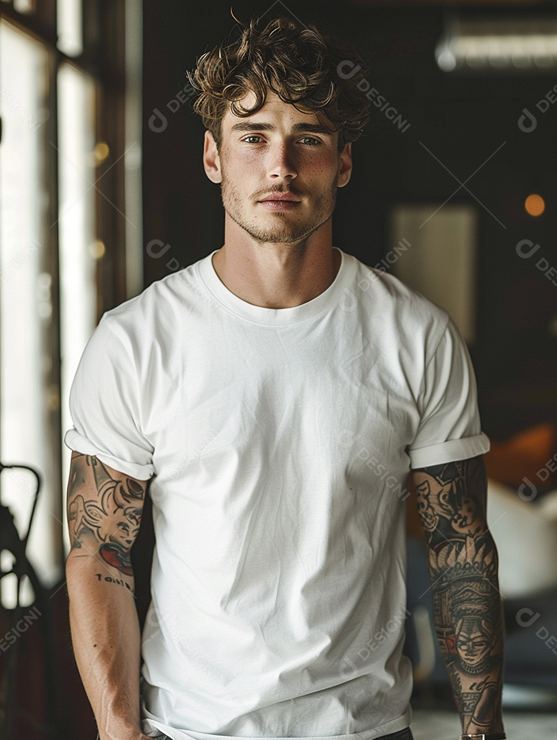 Pessoa com uma camiseta branca simples com tatuagens, minimalista, casual, lisa