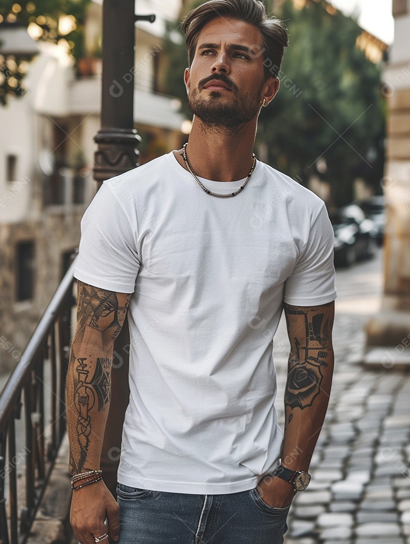 Pessoa com uma camiseta branca simples com tatuagens, minimalista, casual,