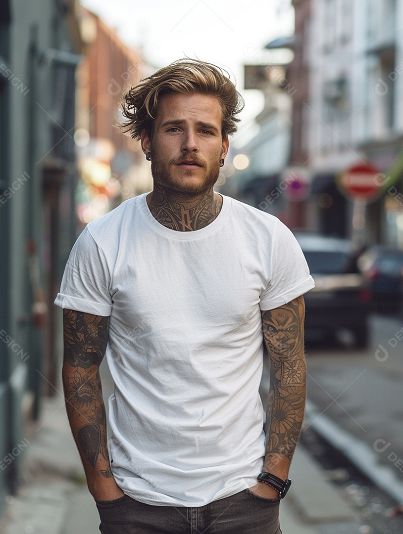 Pessoa com uma camiseta branca simples com tatuagens, minimalista, casual, lisa