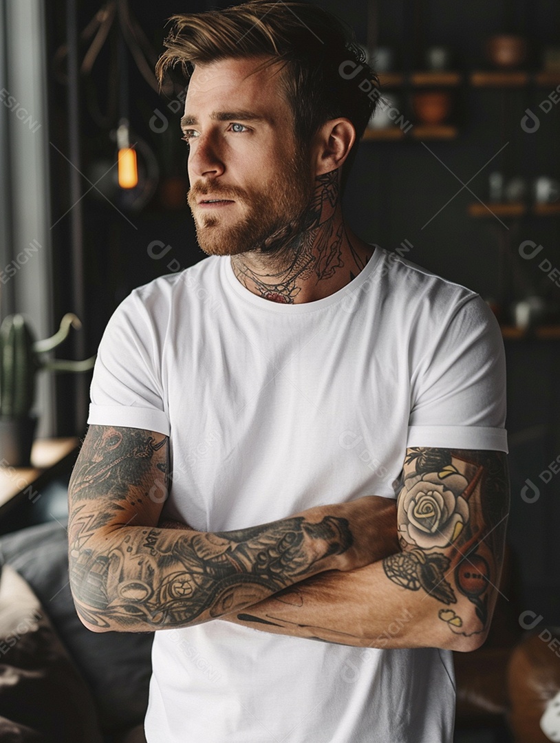 Pessoa com uma camiseta branca simples com tatuagens, minimalista, casual, lisa