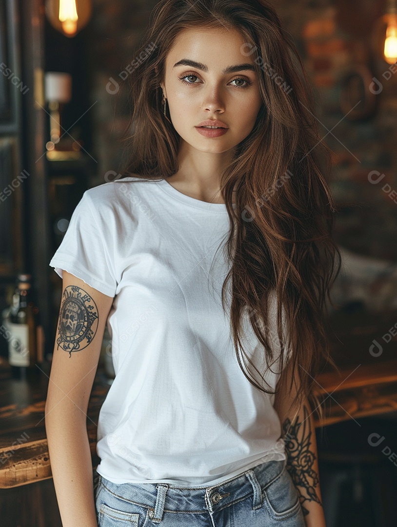 Pessoa com uma camiseta branca simples com tatuagens, minimalista, casual, lisa