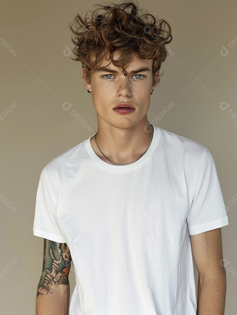 Pessoa com uma camiseta branca simples com tatuagens, minimalista, casual, lisa