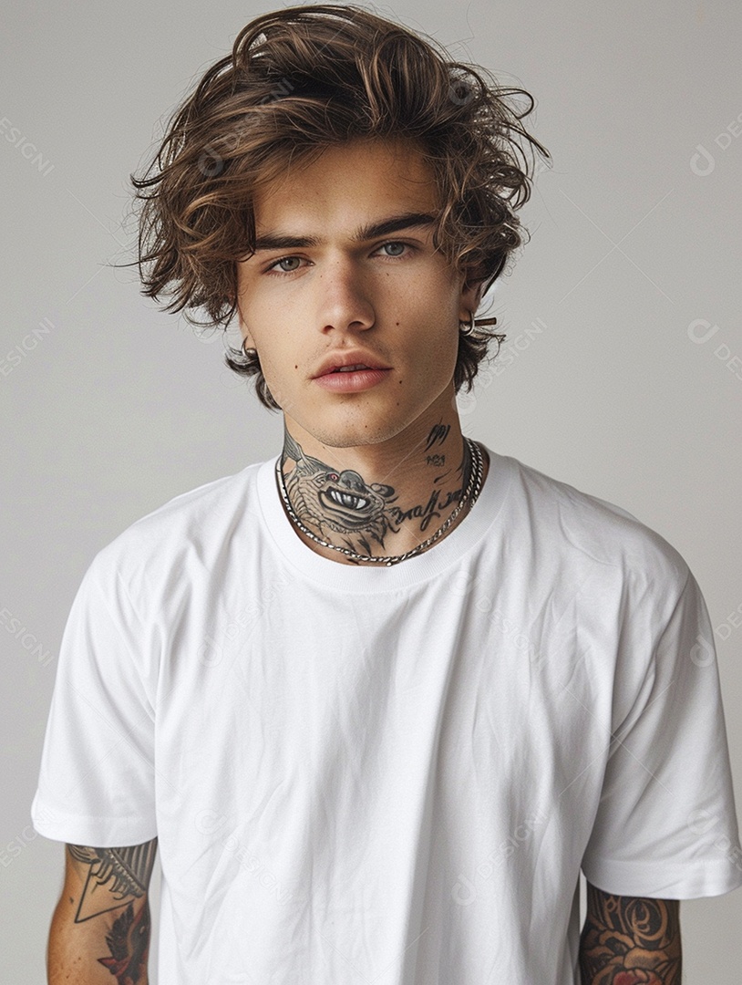 Pessoa com uma camiseta branca simples com tatuagens, minimalista, casual, lisa