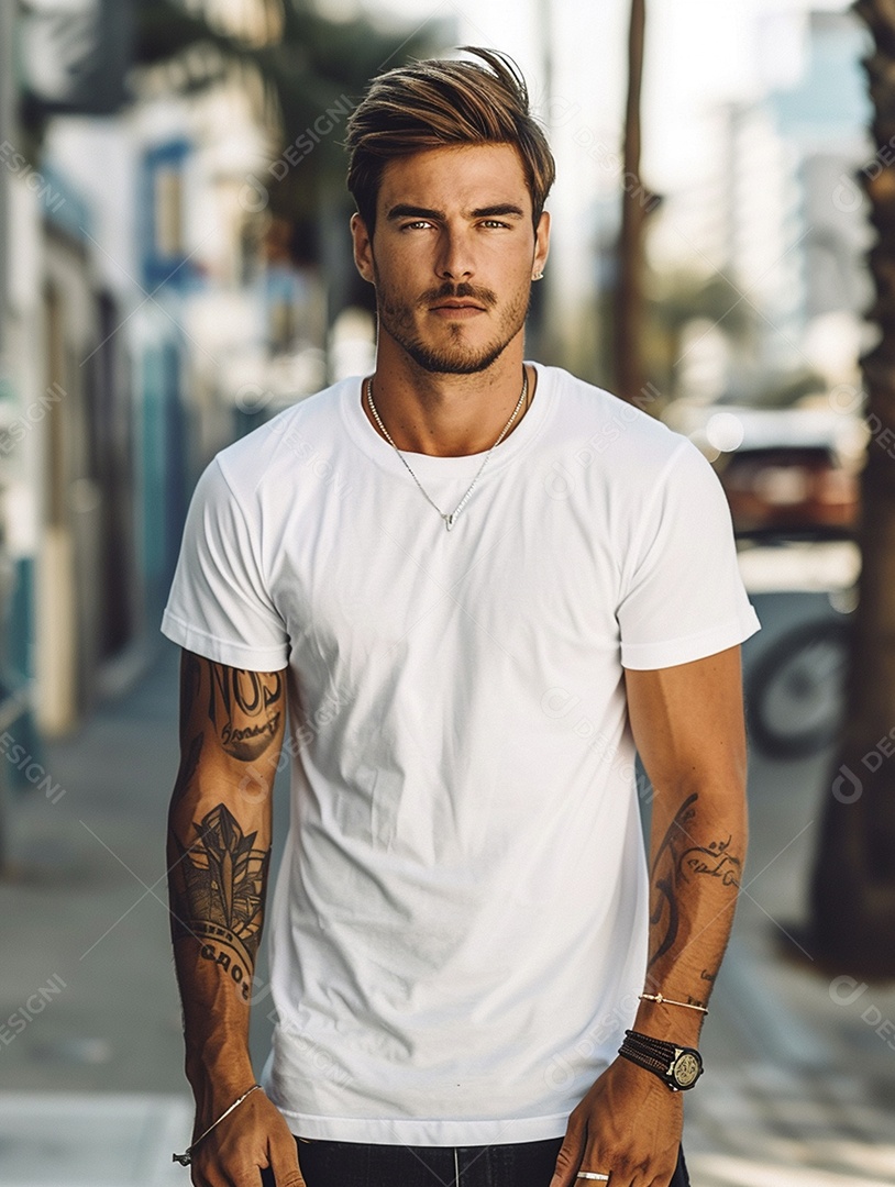 Pessoa com uma camiseta branca simples com tatuagens, minimalista, casual, lisa