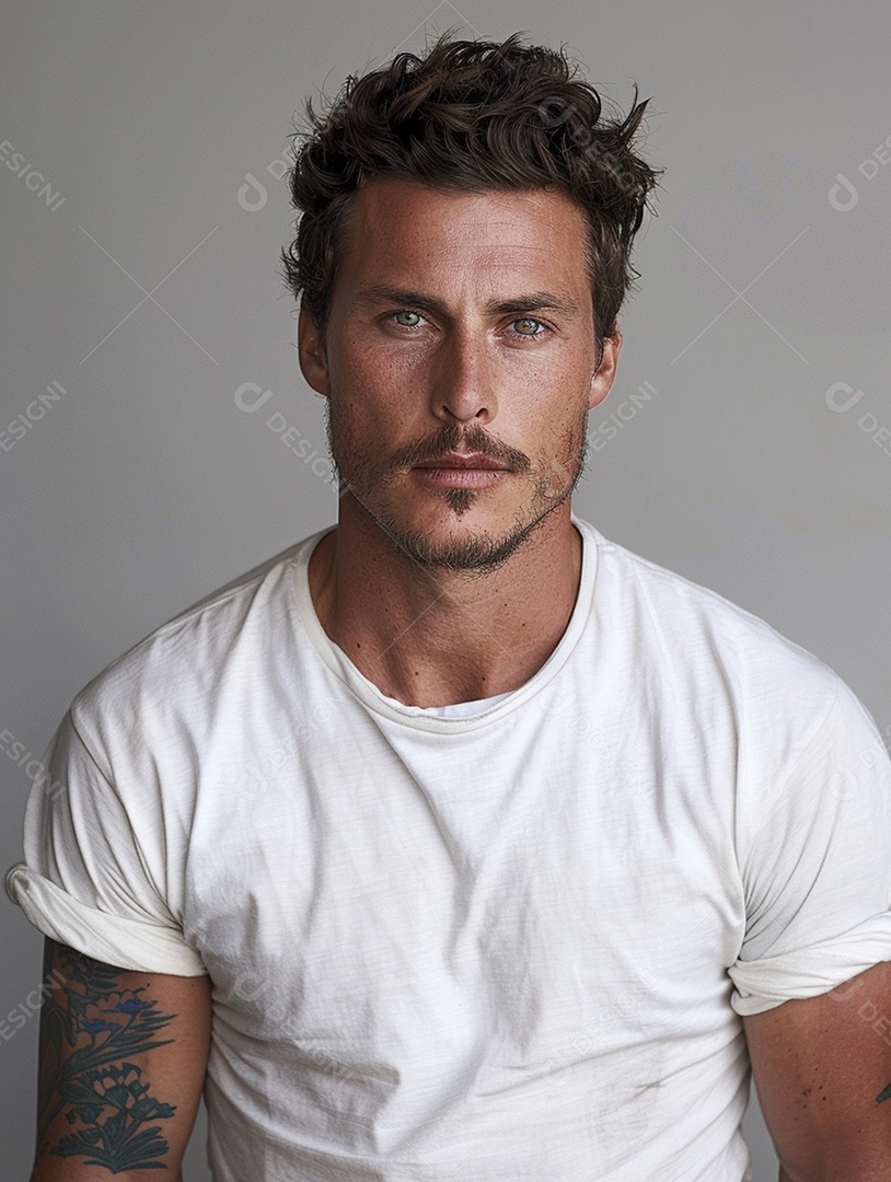 Pessoa com uma camiseta branca simples com tatuagens, minimalista, casual, lisa