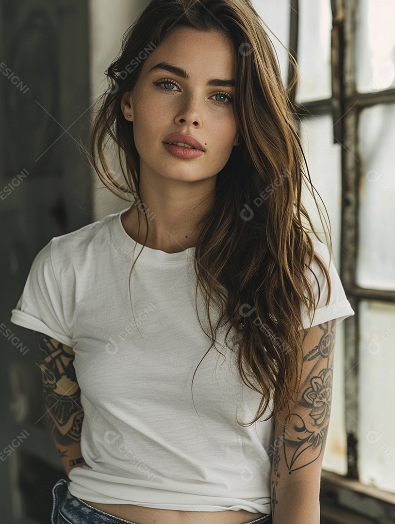 Pessoa com uma camiseta branca simples com tatuagens, minimalista, casual, lisa