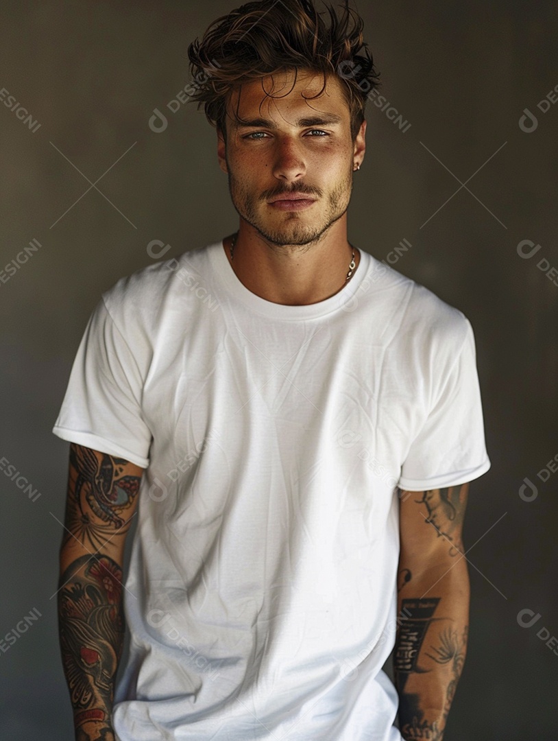 Pessoa com uma camiseta branca simples com tatuagens, minimalista, casual, lisa