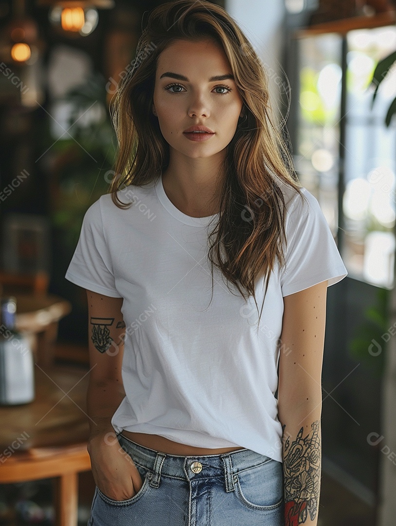 Pessoa com uma camiseta branca simples com tatuagens, minimalista, casual, lisa