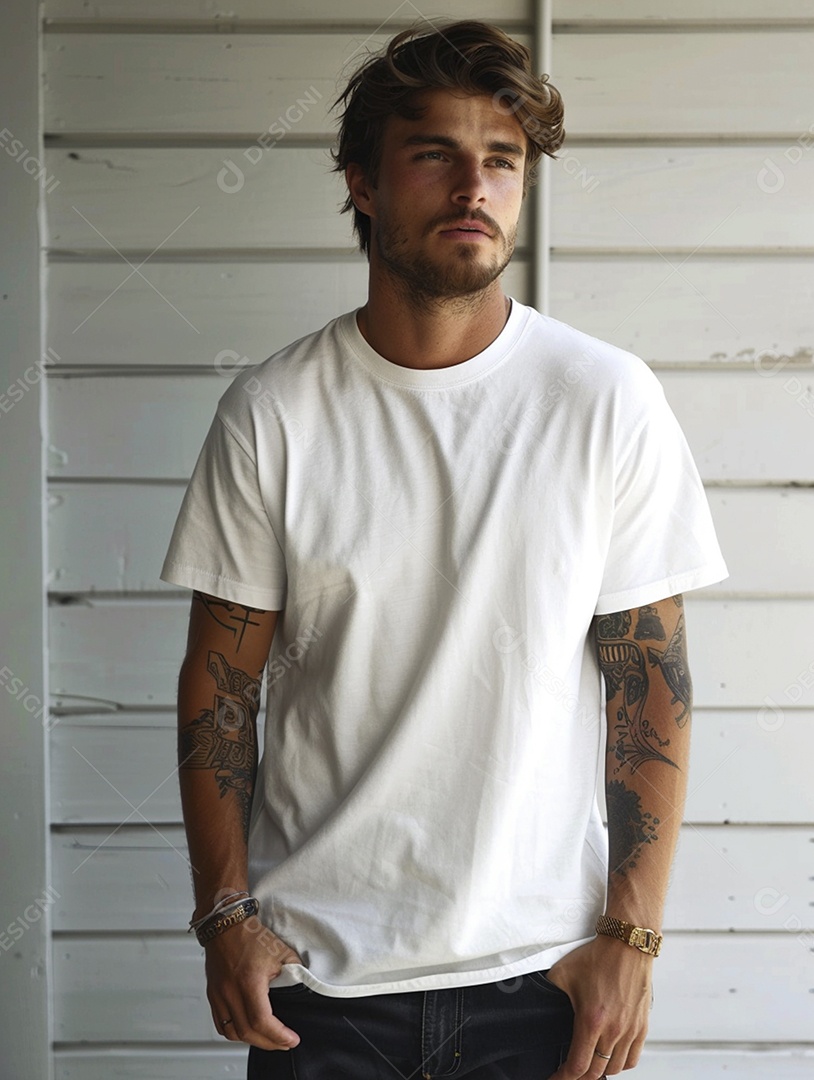 Pessoa com uma camiseta branca simples com tatuagens, minimalista, casual, lisa