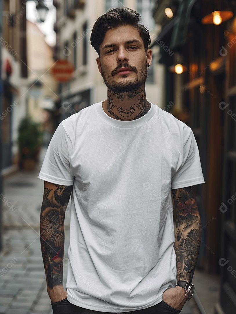 Pessoa com uma camiseta branca simples com tatuagens, minimalista, casual, lisa