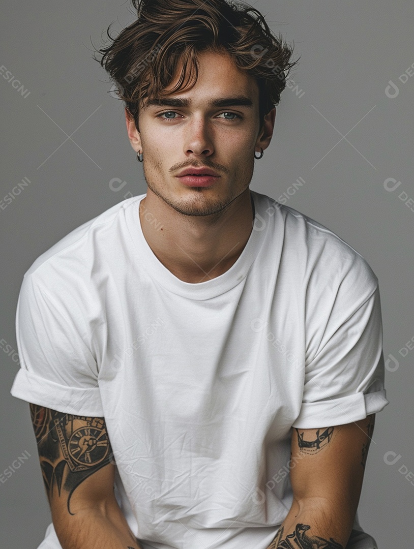 Pessoa com uma camiseta branca simples com tatuagens, minimalista, casual, lisa