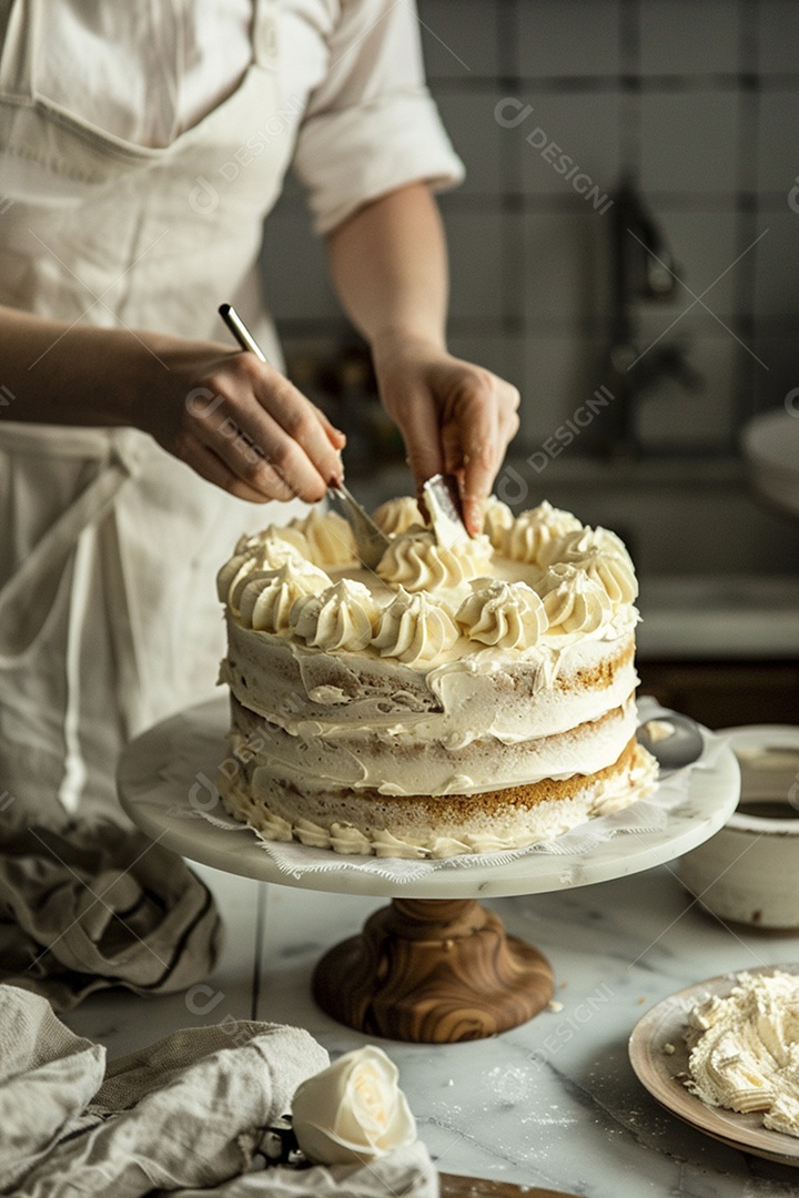 Espalhar creme de manteiga enquanto decora um bolo