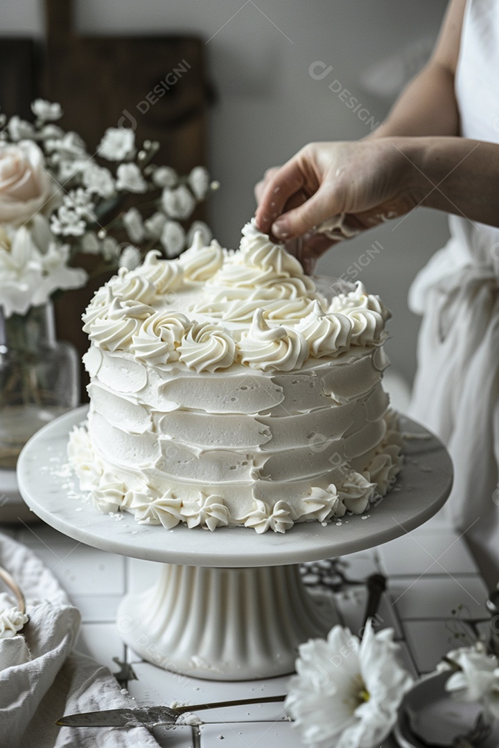 Espalhar creme de manteiga enquanto decora um bolo