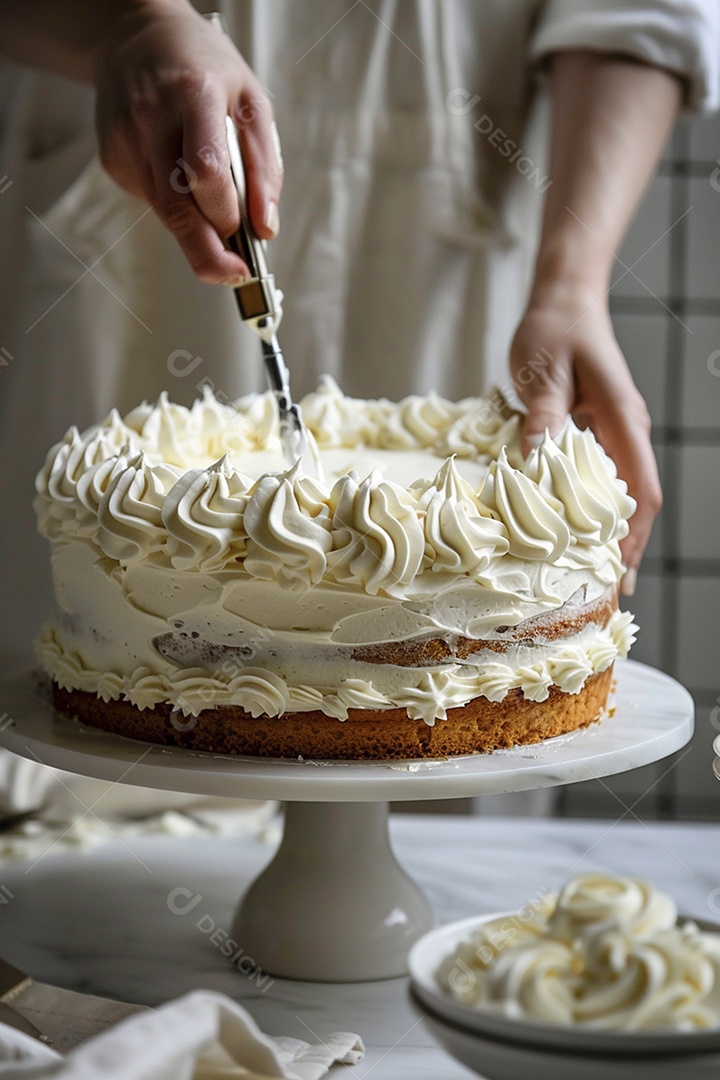 Espalhar creme de manteiga enquanto decora um bolo