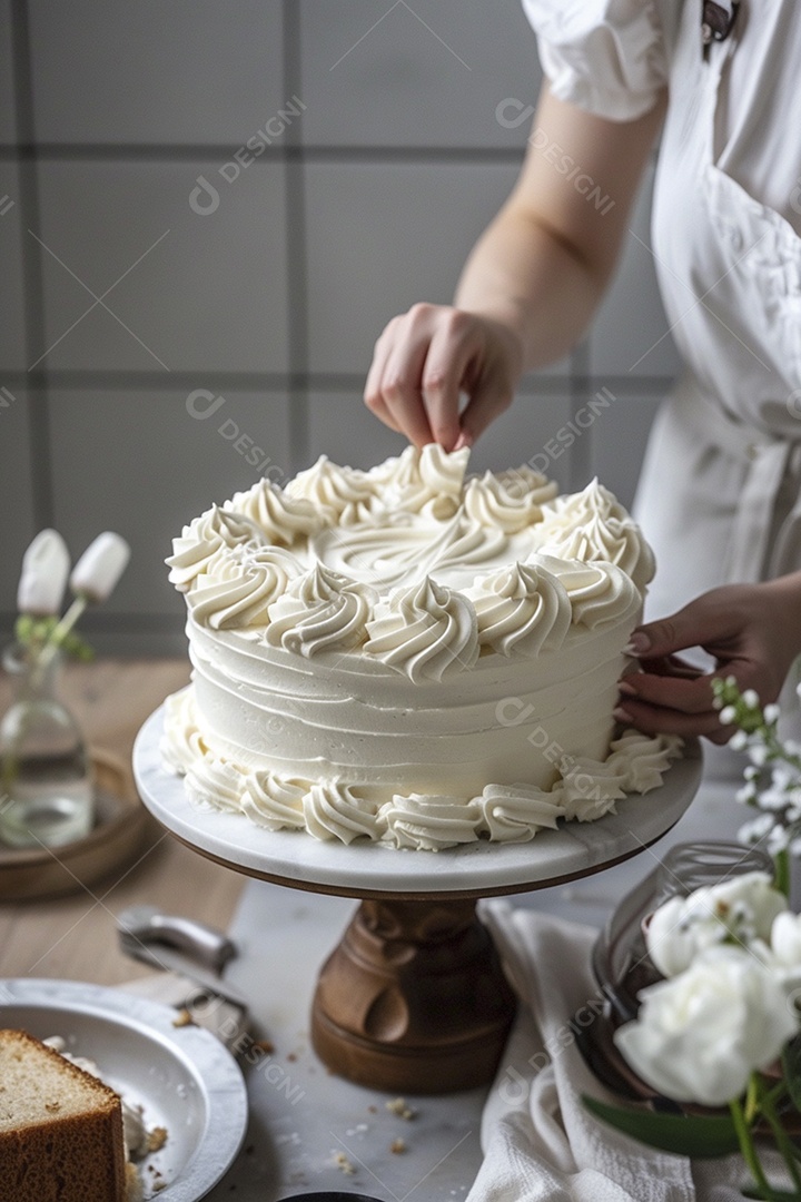 Espalhar creme de manteiga enquanto decora um bolo