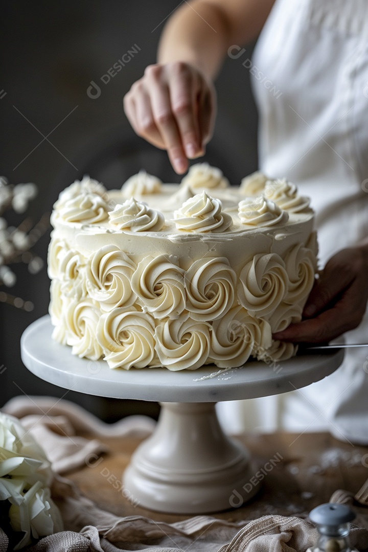Espalhar creme de manteiga enquanto decora um bolo