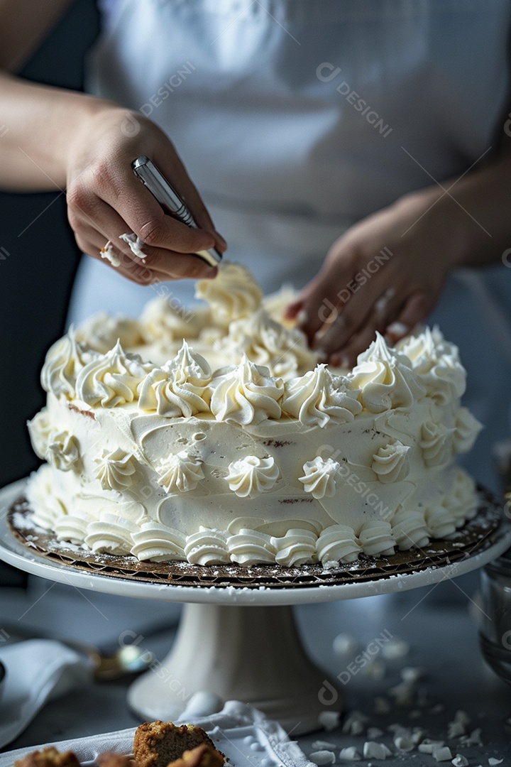 Espalhar creme de manteiga enquanto decora um bolo
