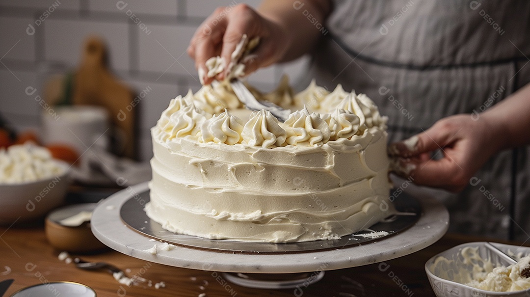 Espalhar creme de manteiga enquanto decora um bolo