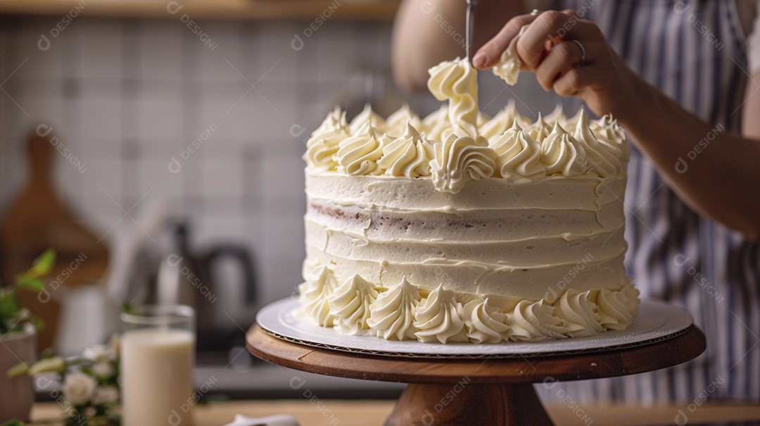 Espalhar creme de manteiga enquanto decora um bolo