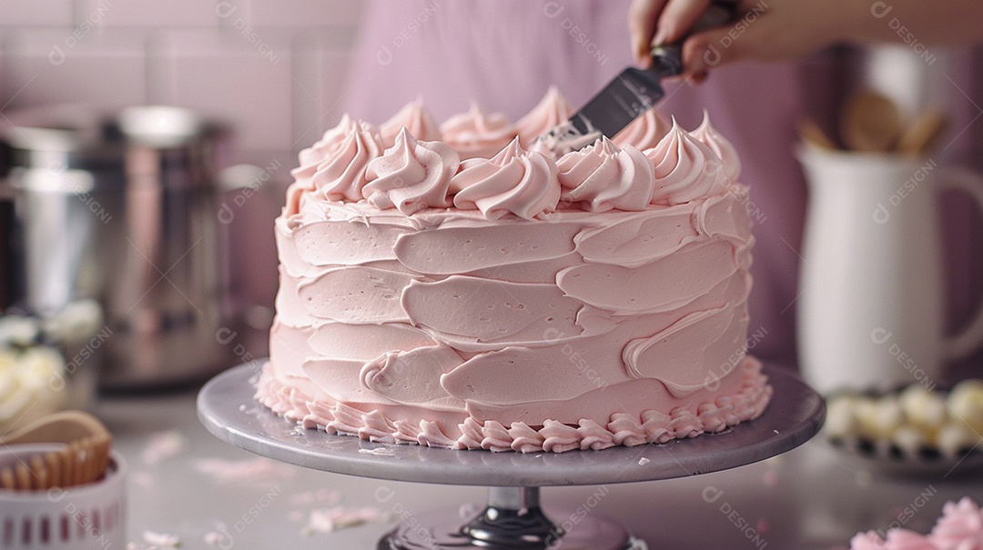 Espalhar creme de manteiga enquanto decora um bolo