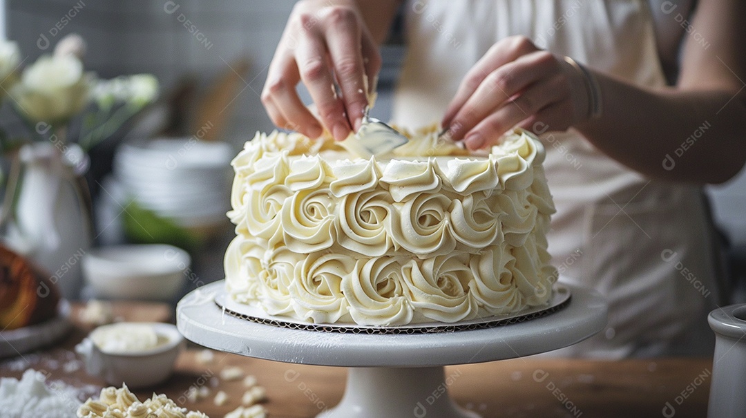 Espalhar creme de manteiga enquanto decora um bolo