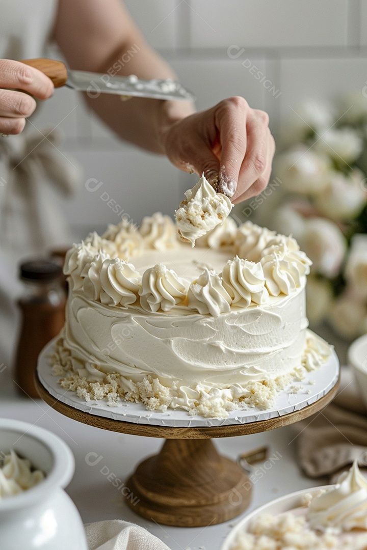 Espalhar creme de manteiga enquanto decora um bolo