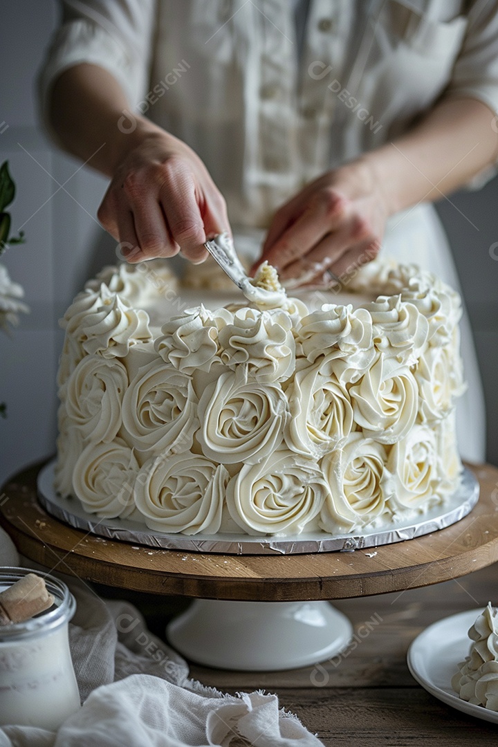 Espalhar creme de manteiga enquanto decora um bolo