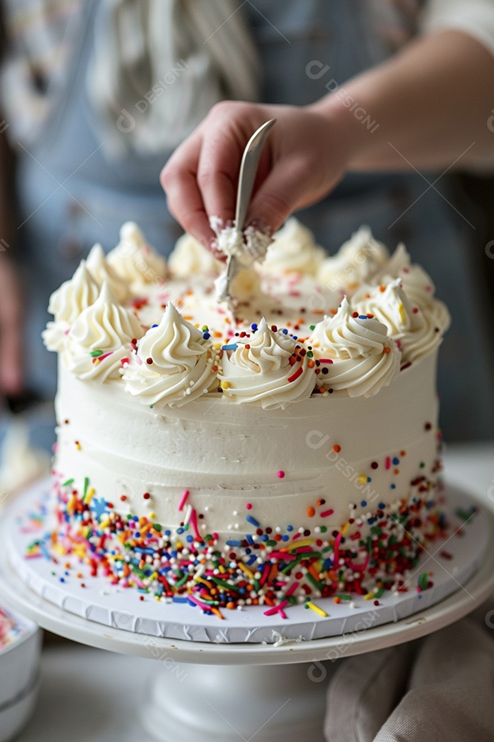 Espalhar creme de manteiga enquanto decora um bolo