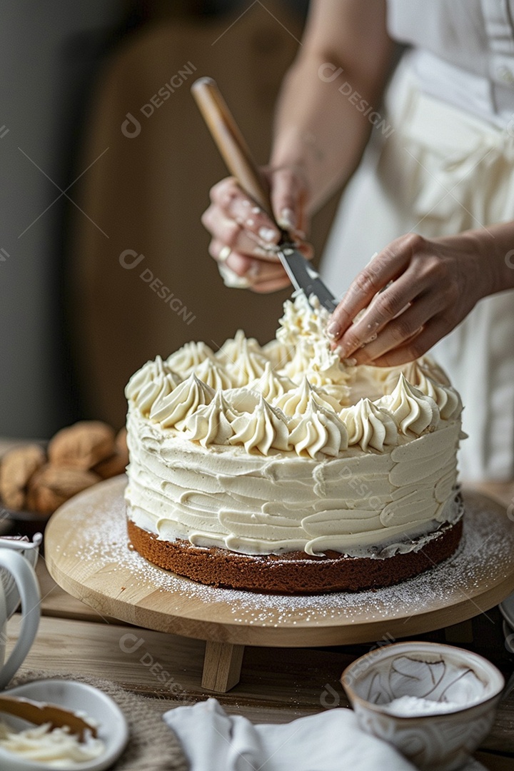 Espalhar creme de manteiga enquanto decora um bolo
