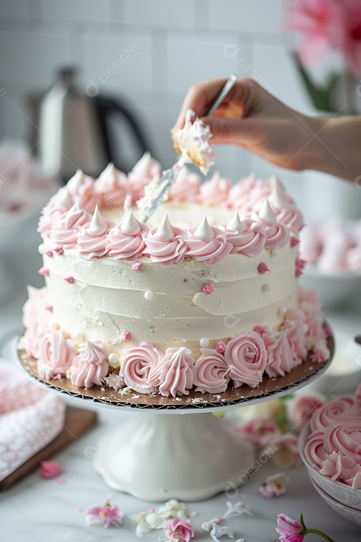 Espalhar creme de manteiga enquanto decora um bolo